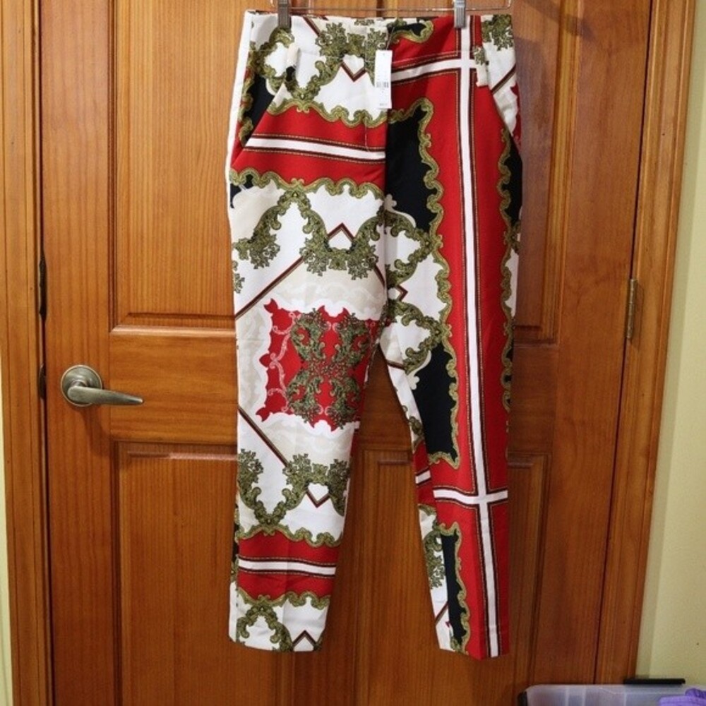 7th Avenue New York & Co White, Red & Gold Scarf Print Pants 6 NWT Madie - Picture 2 of 13